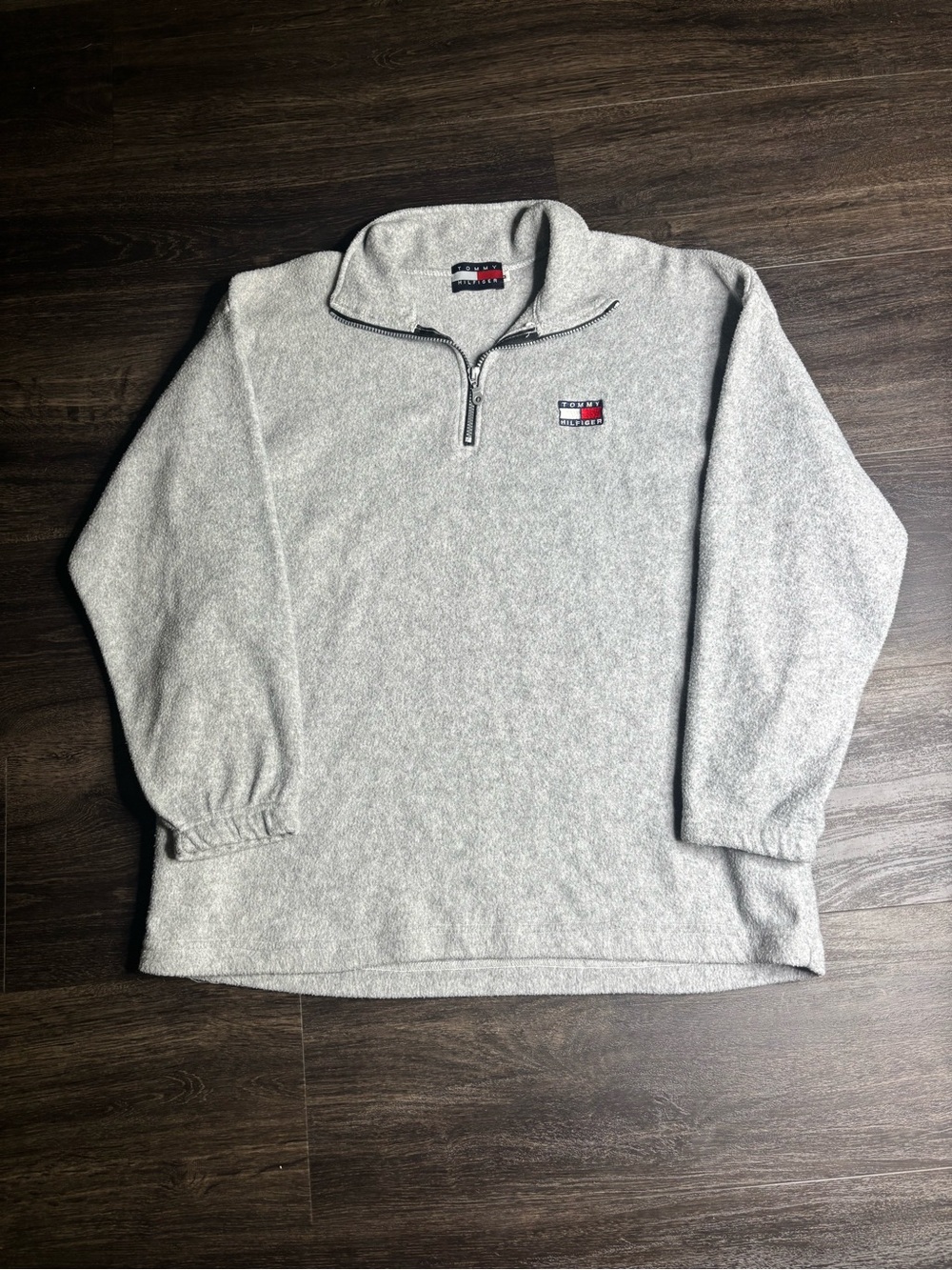 Vintage Y2K Tommy Hilfiger Vintage Quarter Zip Fleece Pullover Gray Logo Mens M